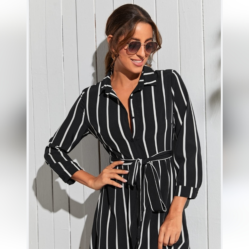 Striped Black and White Shirt Dress with Tie Waist